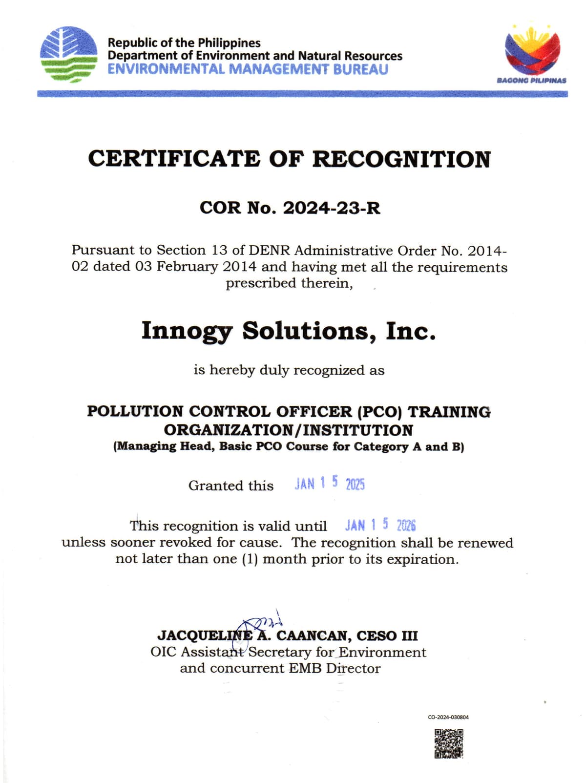 DENR-EMB Certificate of Recognition